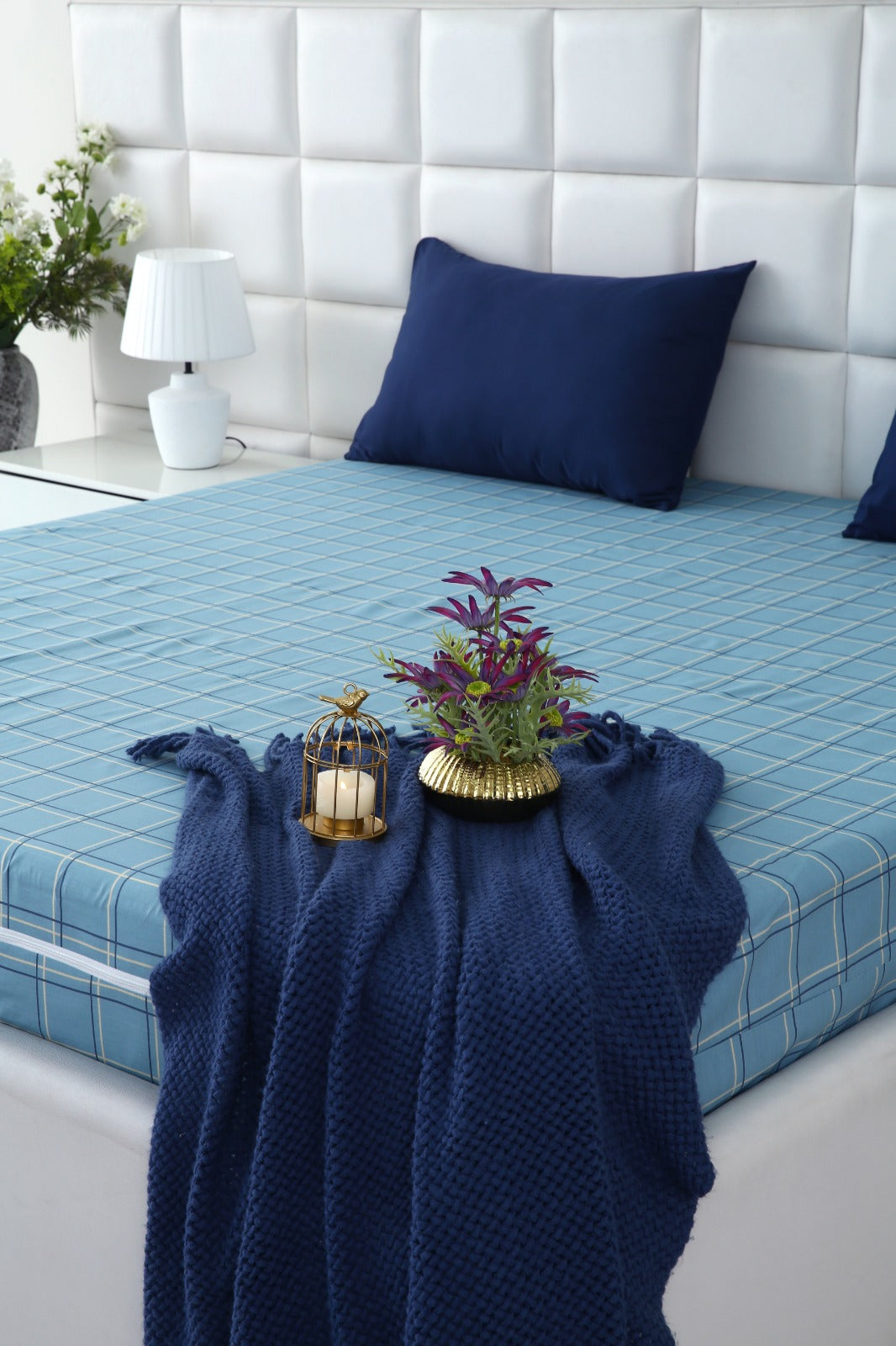 Zipper Mattress Cover Printed-Patrol Blue Check Protectors Apricot