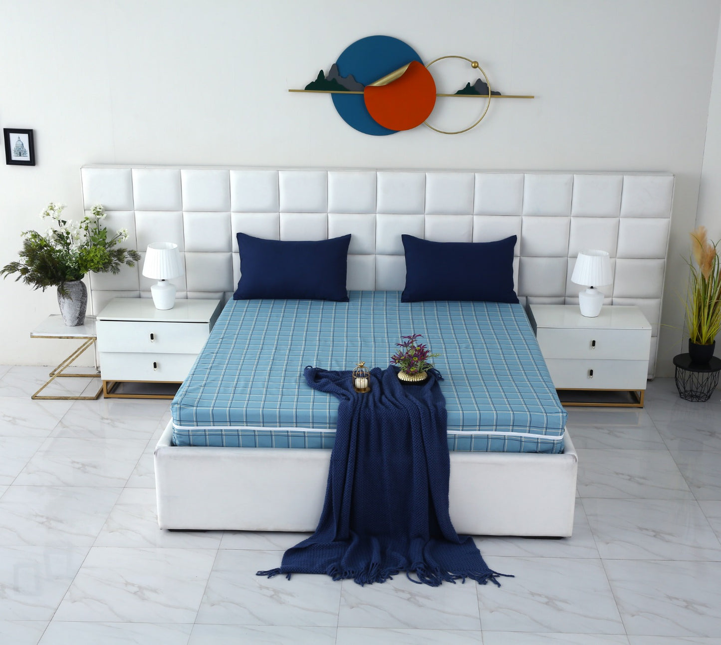 Zipper Mattress Cover Printed-Patrol Blue Check Protectors Apricot