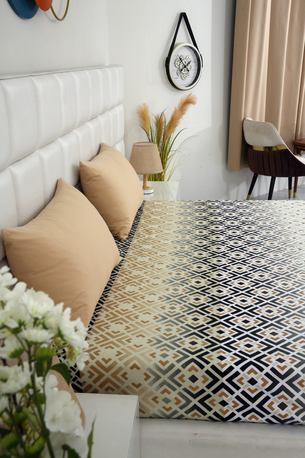 Zipper Mattress Cover Printed-Beige Square Protectors Apricot
