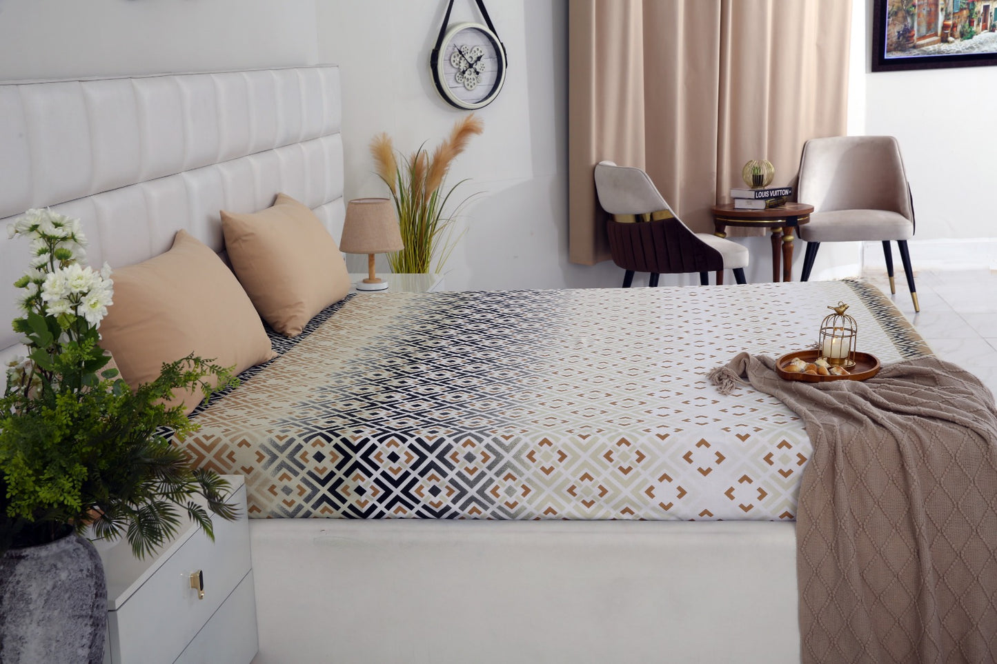 Zipper Mattress Cover Printed-Beige Square Protectors Apricot
