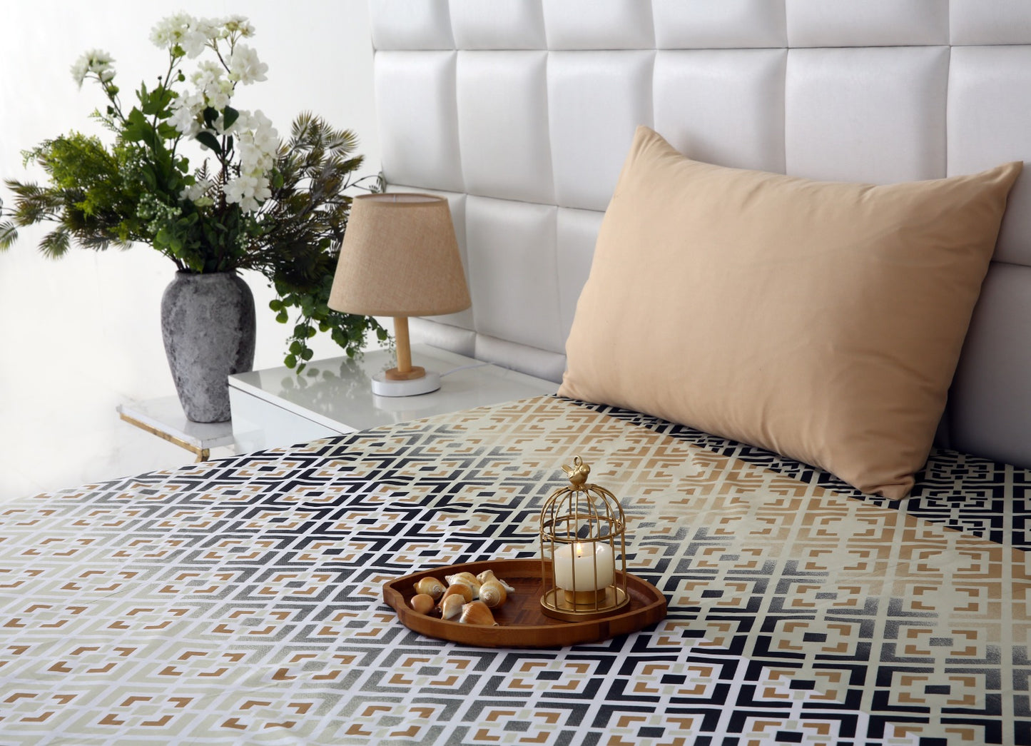 Zipper Mattress Cover Printed-Beige Square Protectors Apricot