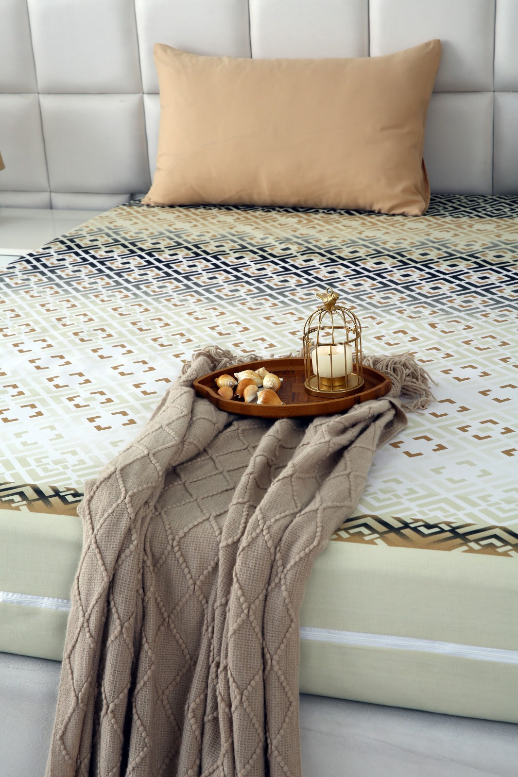Zipper Mattress Cover Printed-Beige Square Protectors Apricot