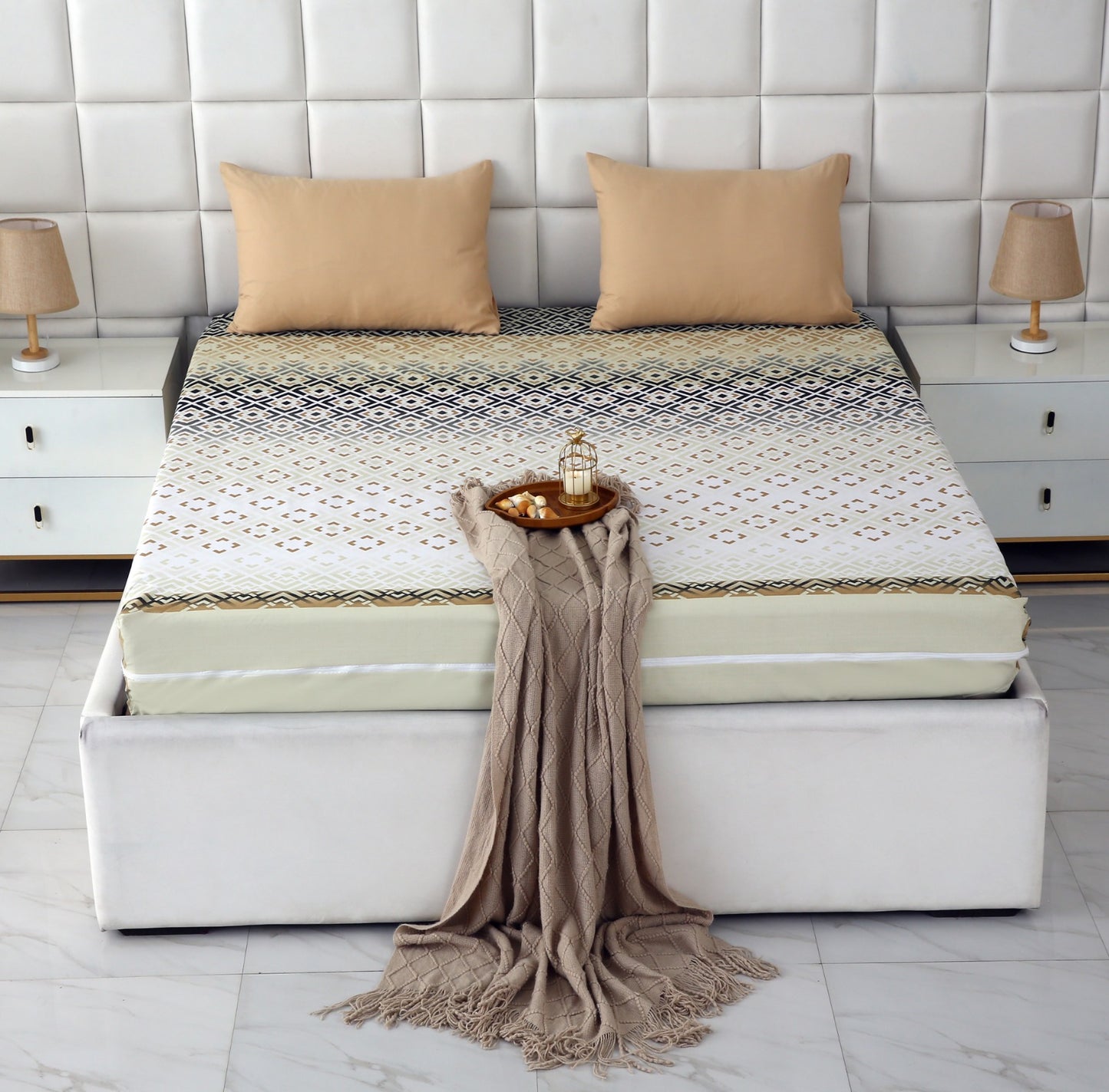 Zipper Mattress Cover Printed-Beige Square Protectors Apricot