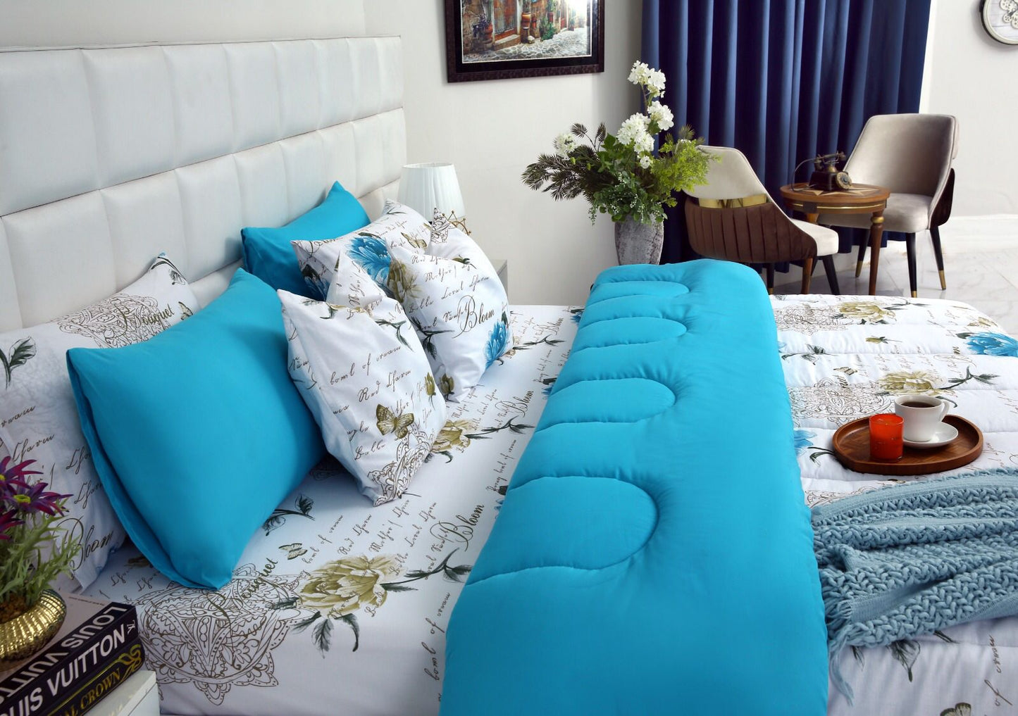 8 PCs Winter Comforter Set-Turqoiuse Flowers