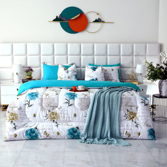 8 PCs Winter Comforter Set-Blue Flowers Comforters Apricot