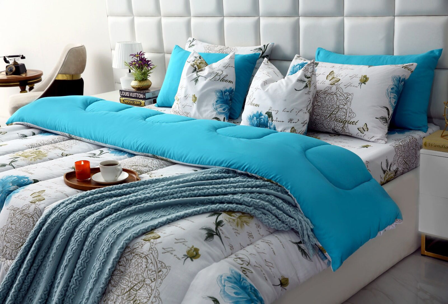 8 PCs Winter Comforter Set-Turqoiuse Flowers