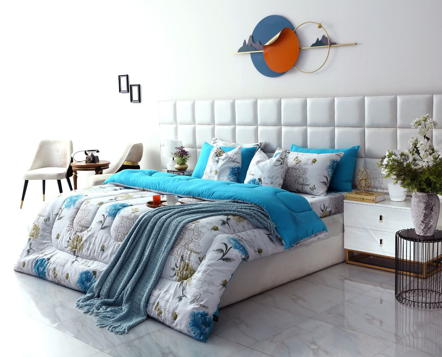 8 PCs Winter Comforter Set-Turqoiuse Flowers