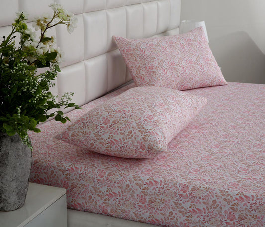 3 PCs Double Bed Sheet-Pink Bloom Bed Sheets Apricot