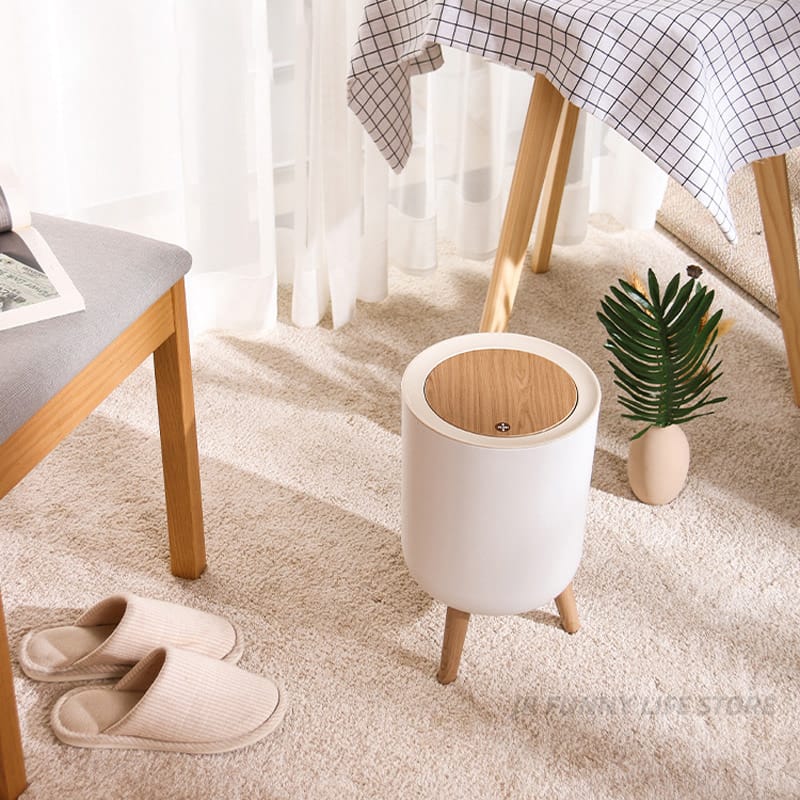 Indoor trash Bin With Wooden Feets-SA2408-108 Bathroom Accessory Sets Apricot