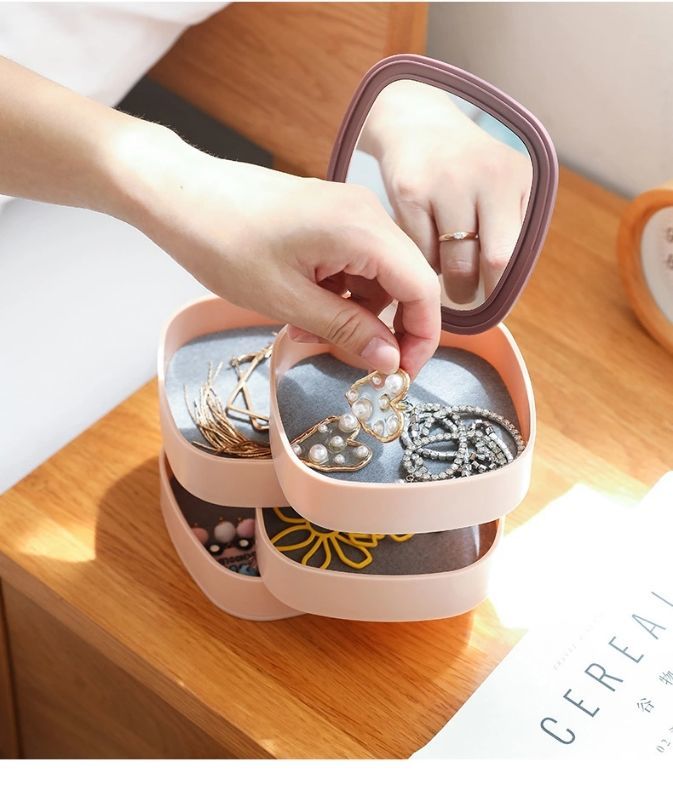 360° Rotatable Jewelry Organizer With Mirror-SA2408-190 Cosmetic Organizer Apricot
