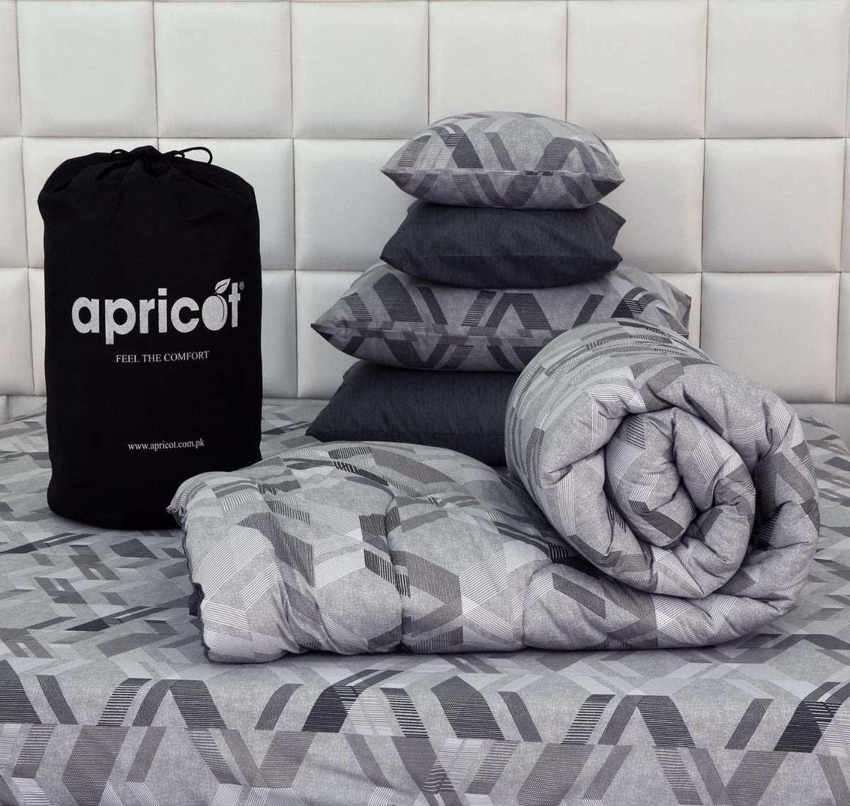 8 PCs Winter Razai Set-Grey Triangles Comforters Apricot