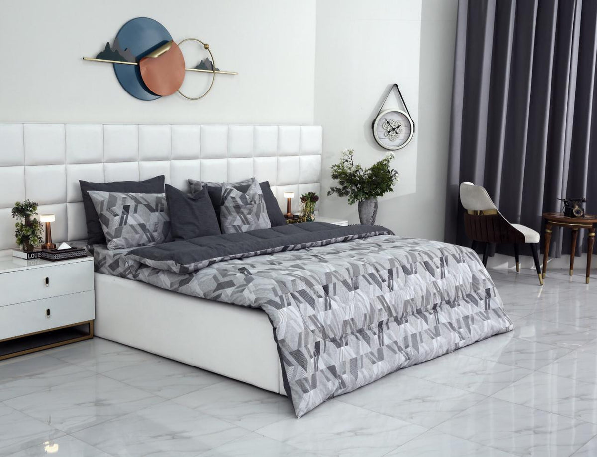 8 PCs Winter Razai Set-Grey Triangles Comforters Apricot