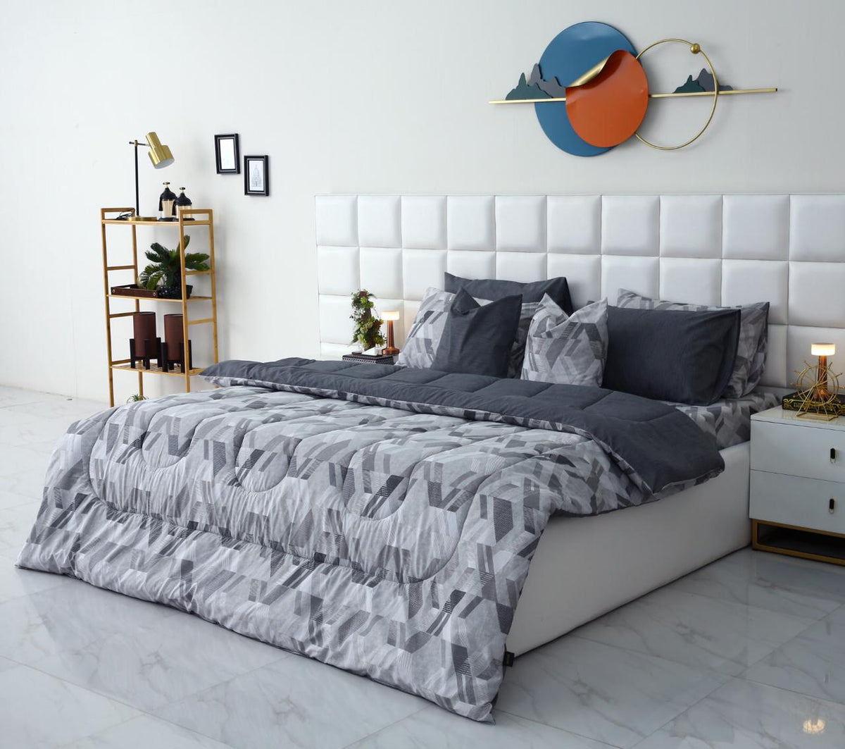 8 PCs Winter Razai Set-Grey Triangles Comforters Apricot