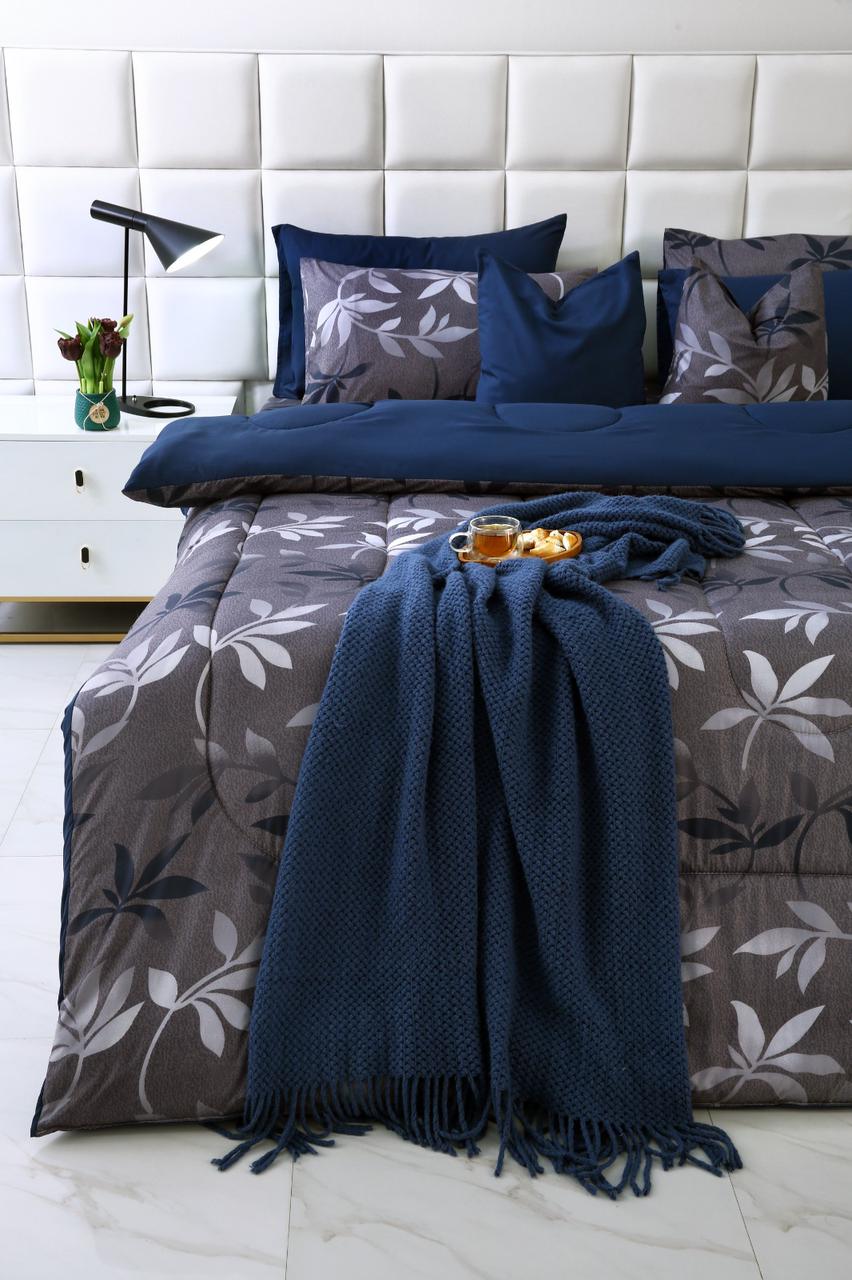 8 PCs Winter Comforter Set-Grey Leaf Comforters Apricot