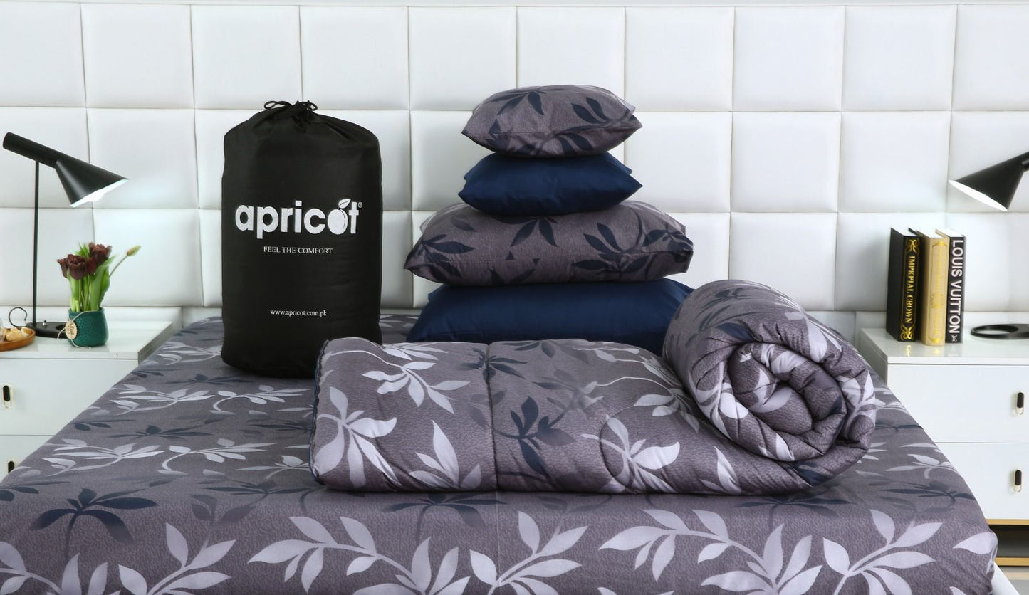 8 PCs Winter Comforter Set-Grey Leaf Comforters Apricot