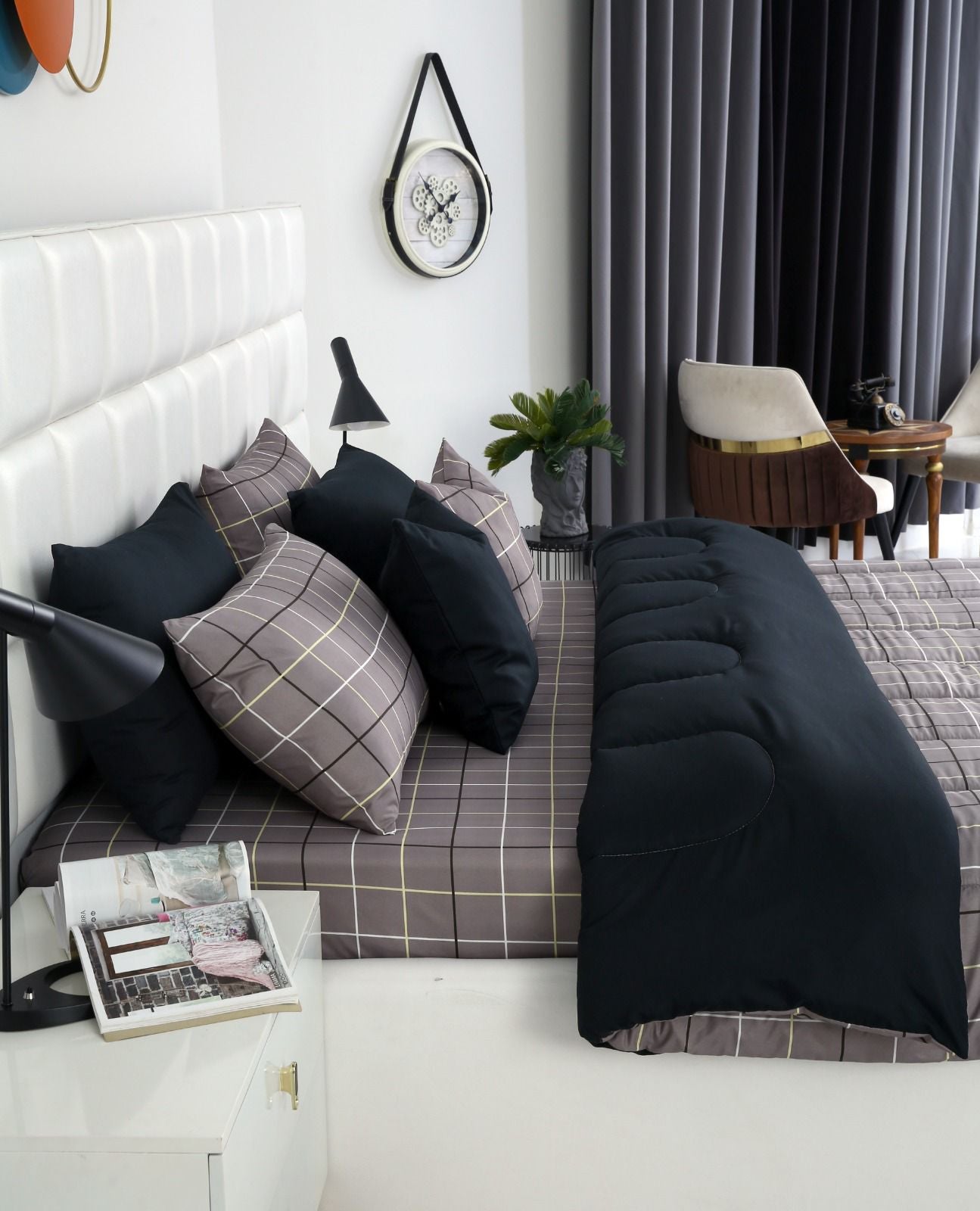 8 PCs Winter Comforter Set-Grey Check