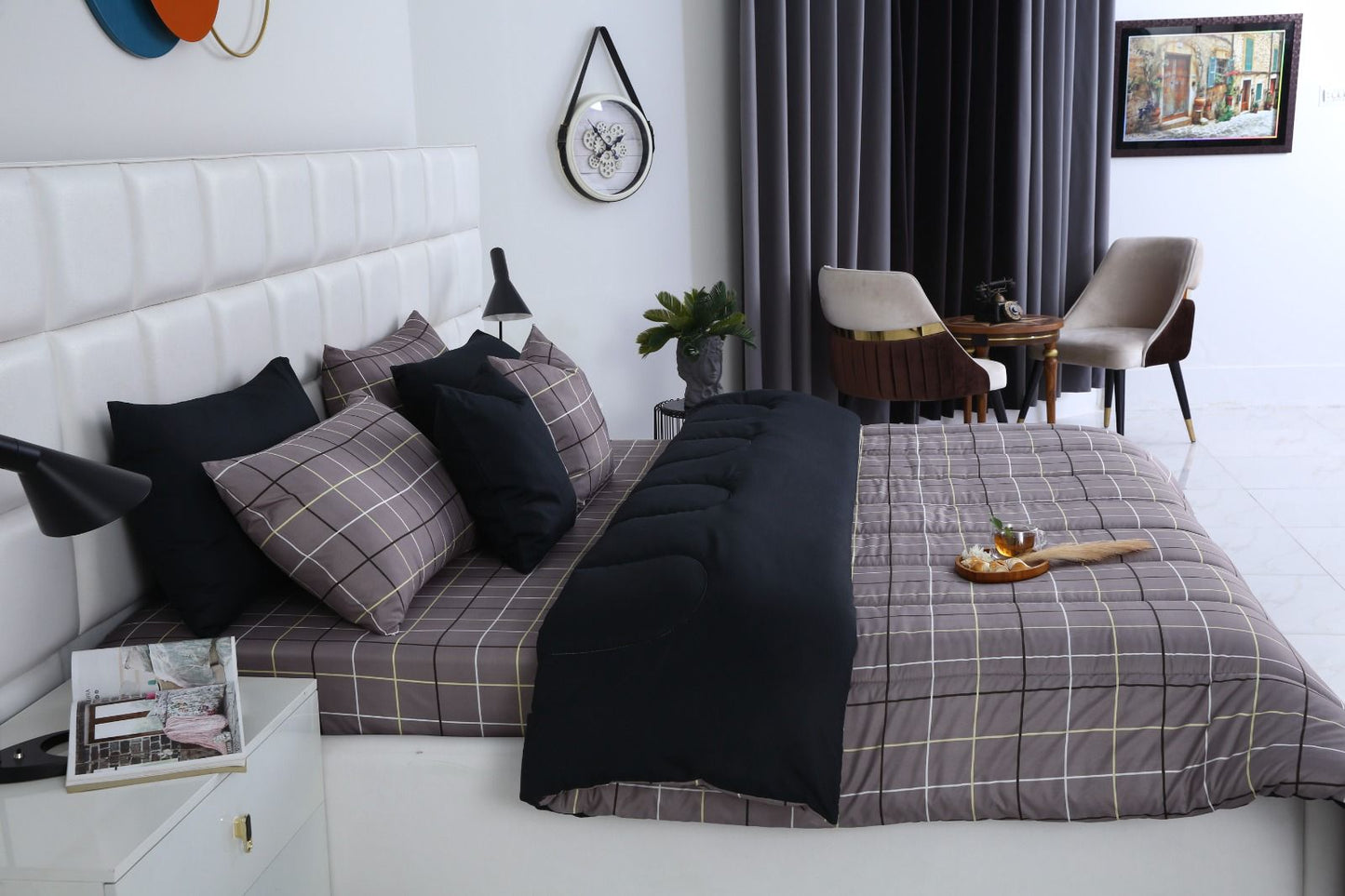 8 PCs Winter Comforter Set-Grey Check