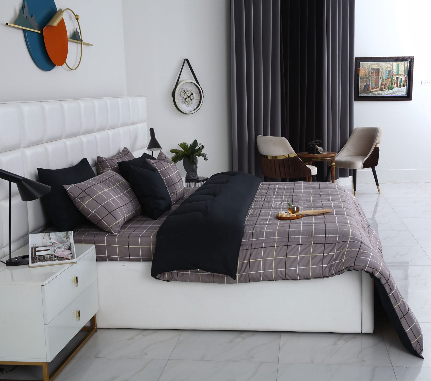 8 PCs Winter Comforter Set-Grey Check