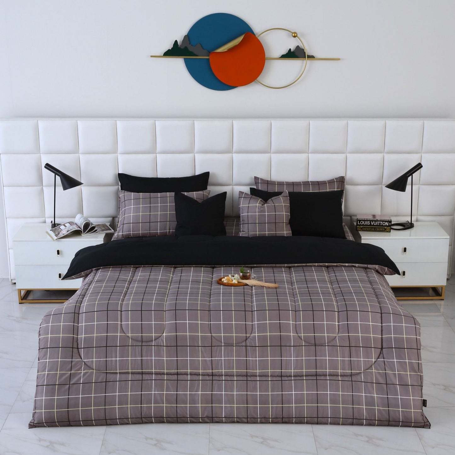 8 PCs Winter Comforter Set-Grey Check