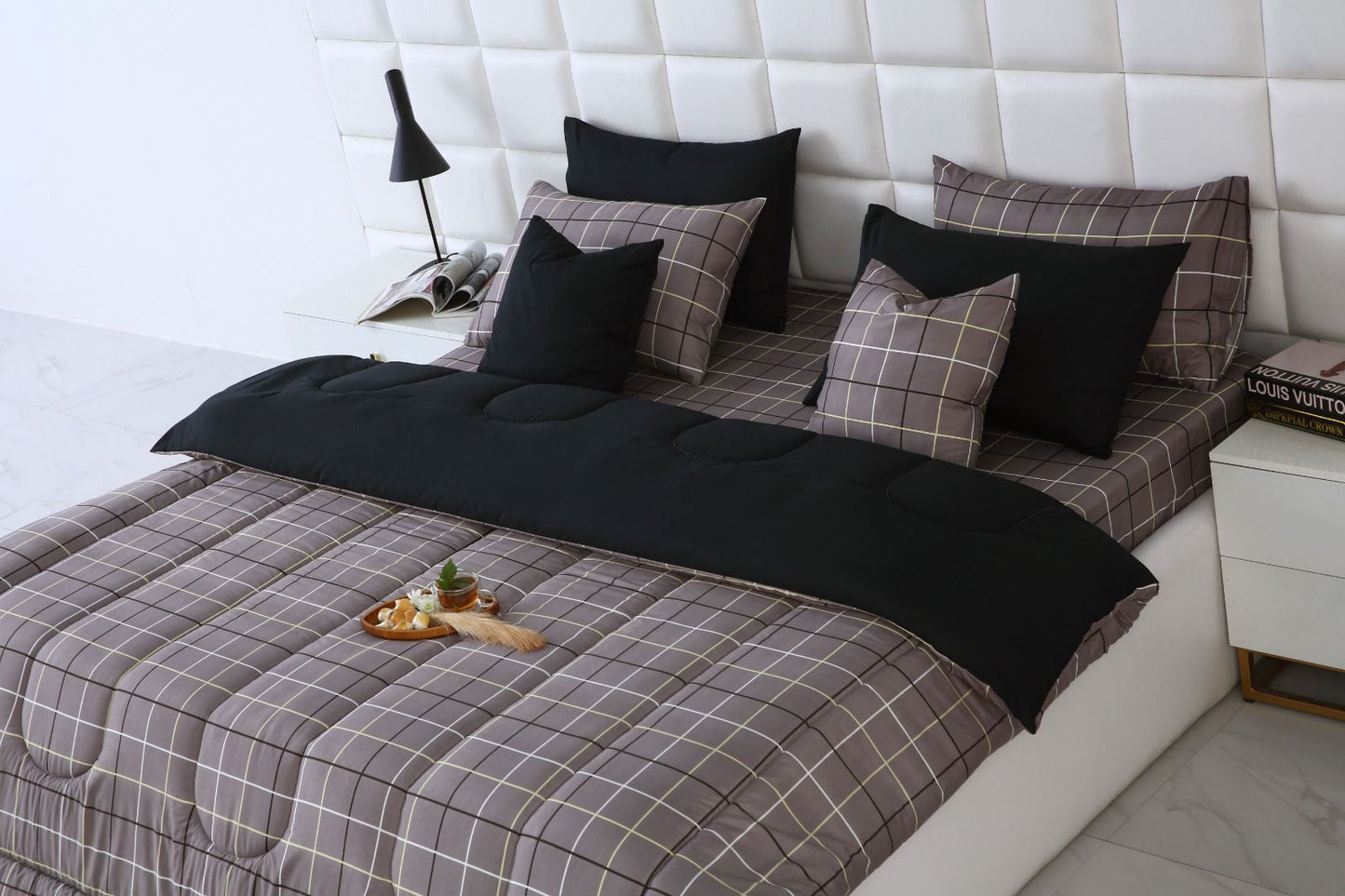 8 PCs Winter Comforter Set-Grey Check