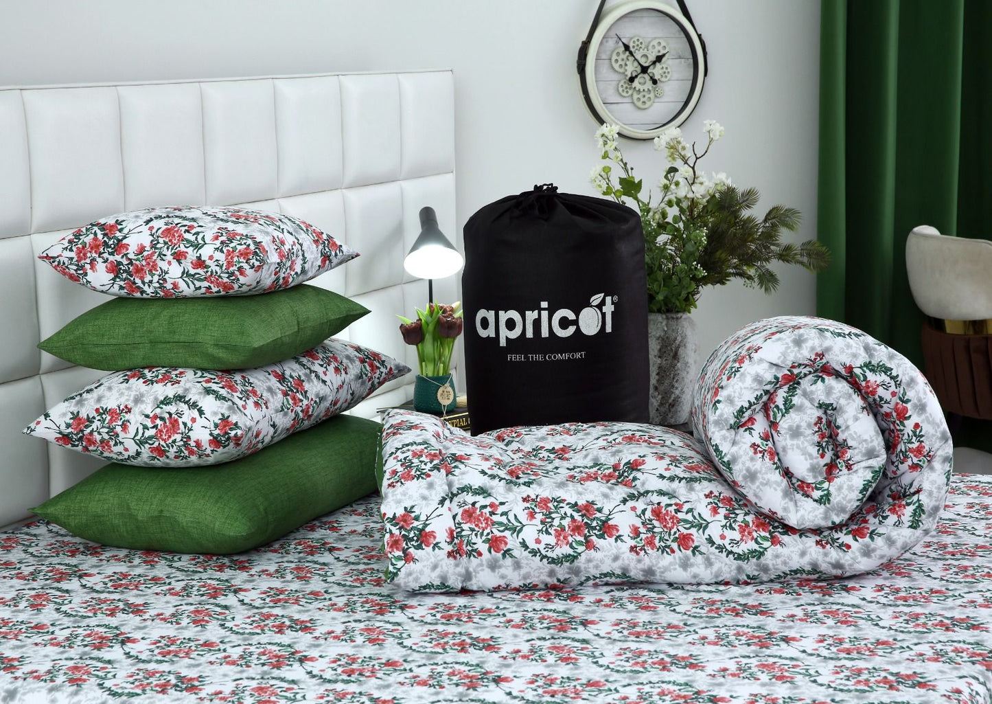 8 PCs Winter Comforter Set-Emerald Blooms Comforters Apricot