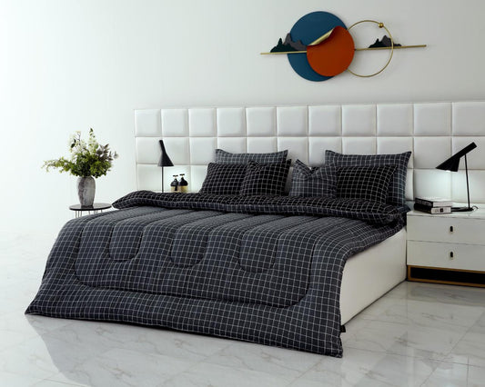 8 PCs Winter Comforter Set-Grey & Black Check Comforters Apricot