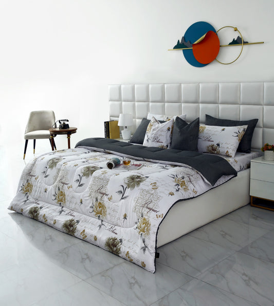 8 PCs Winter Comforter Set-Grey Flowers Comforters Apricot