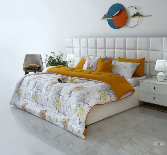 8 PCs Winter Comforter Set-Mustard Flowers Comforters Apricot