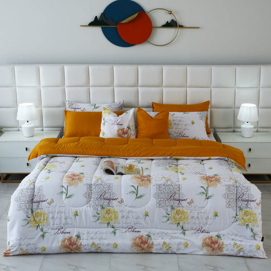 8 PCs Winter Comforter Set-Mustard Flowers Comforters Apricot