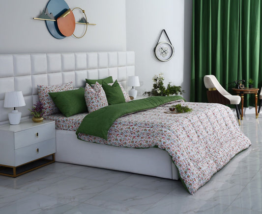 8 PCs Winter Comforter Set-Green Hellebore Comforters Apricot