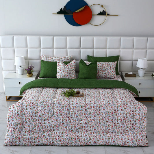 8 PCs Winter Comforter Set-Green Hellebore Comforters Apricot