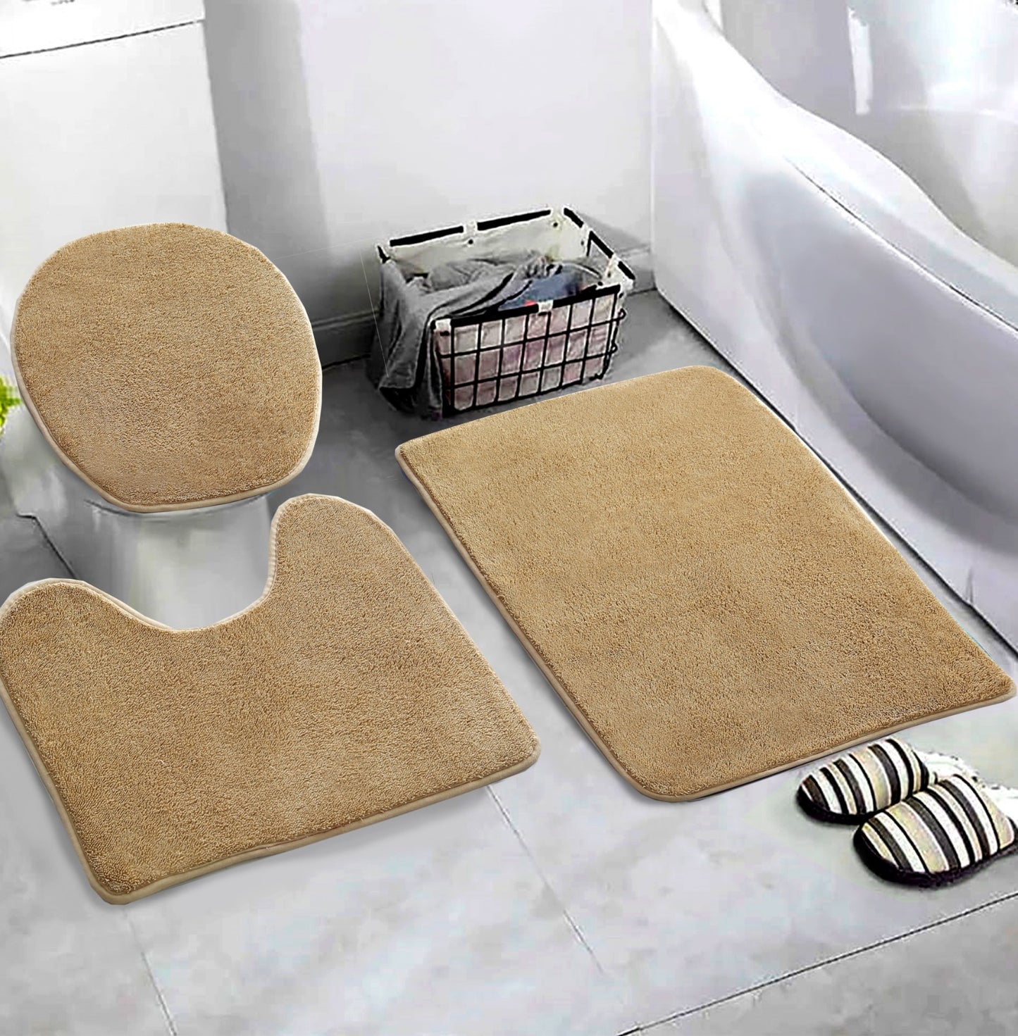 3 PCs Non Skid Suction Mat-SA2408-322(Beige) Bath Mats Apricot