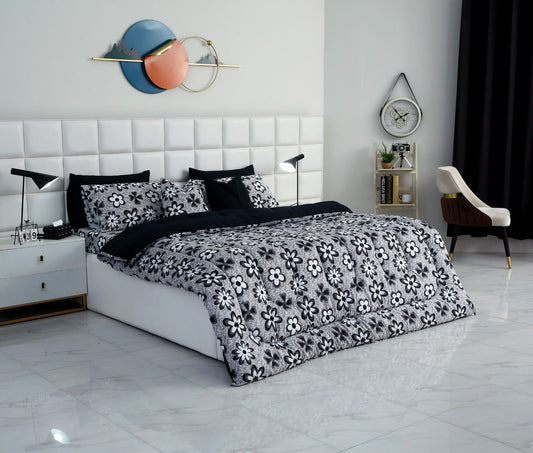 8 PCs Winter Razai Set-Black Flowers Comforters Apricot