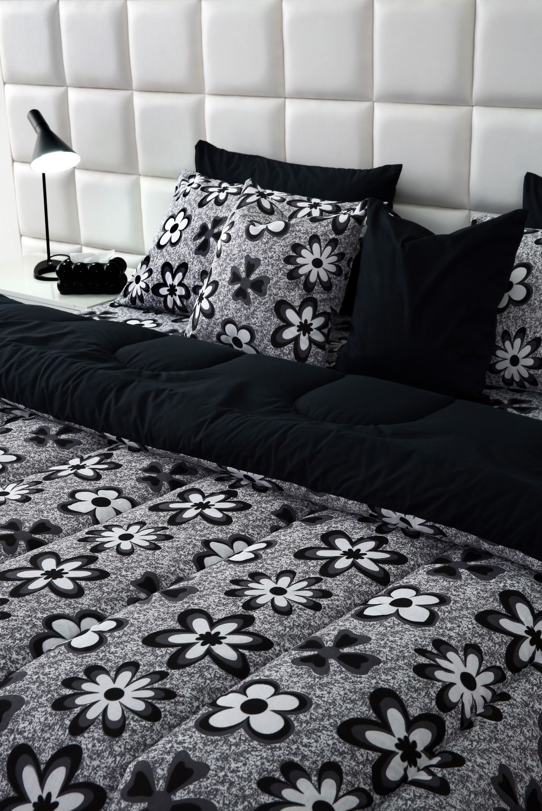 8 PCs Winter Razai Set-Black Flowers Comforters Apricot