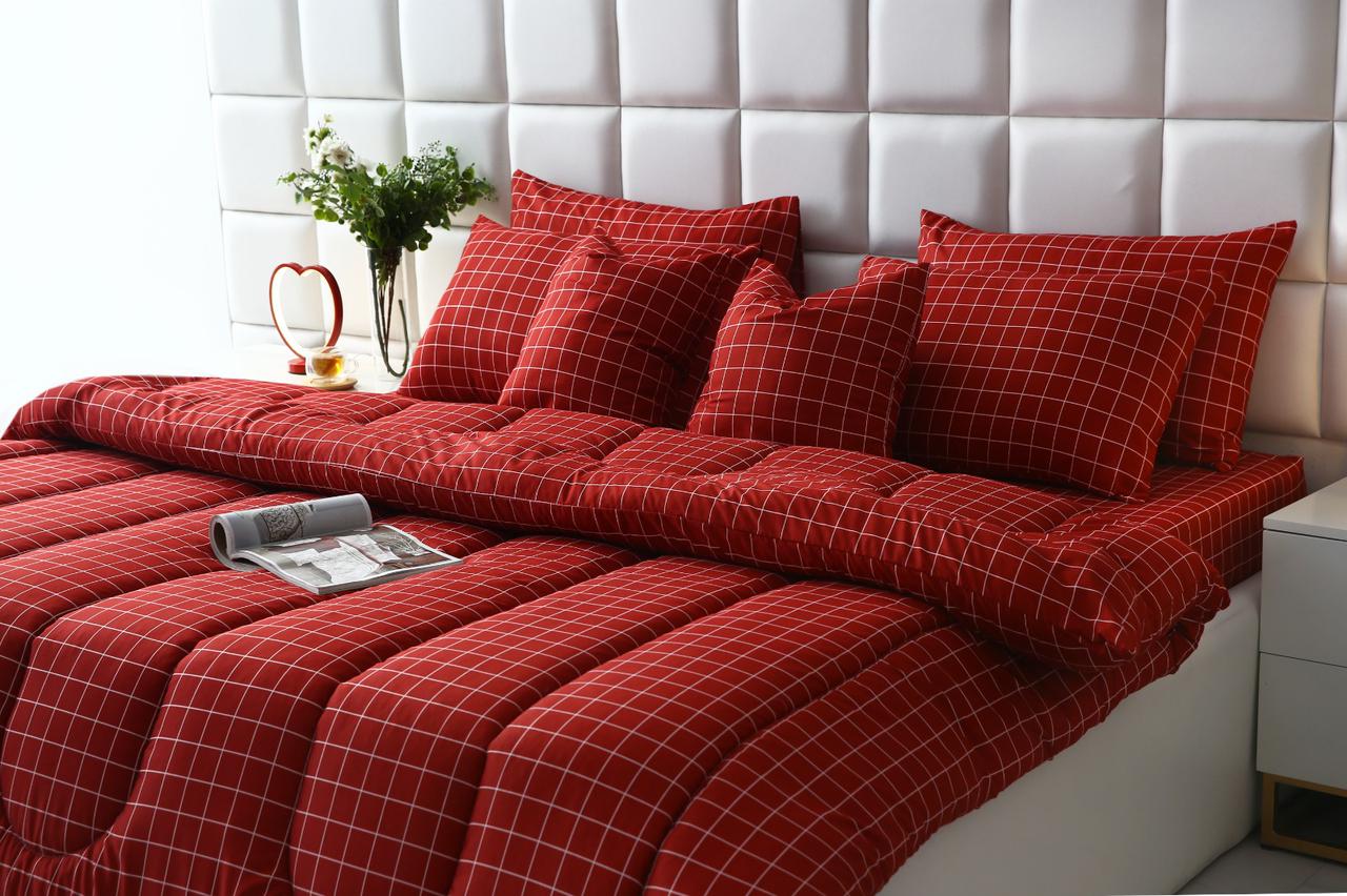 8 PCs Winter Comforter Set-Maroon Check Comforters Apricot