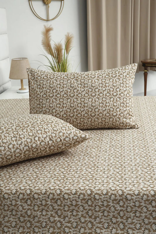 Fitted Bed Sheet- Ecru Flowers Fitted Sheets Apricot