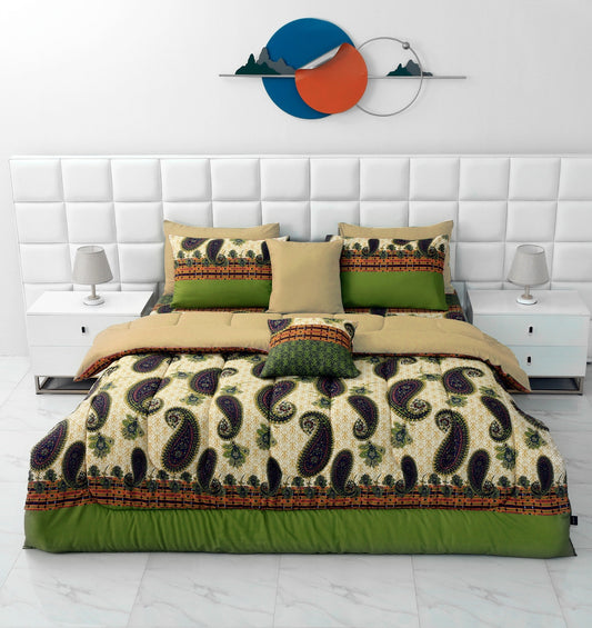 8 PCs Winter Comforter Set-Green Paisley(With Beige Reverse) Comforters Apricot