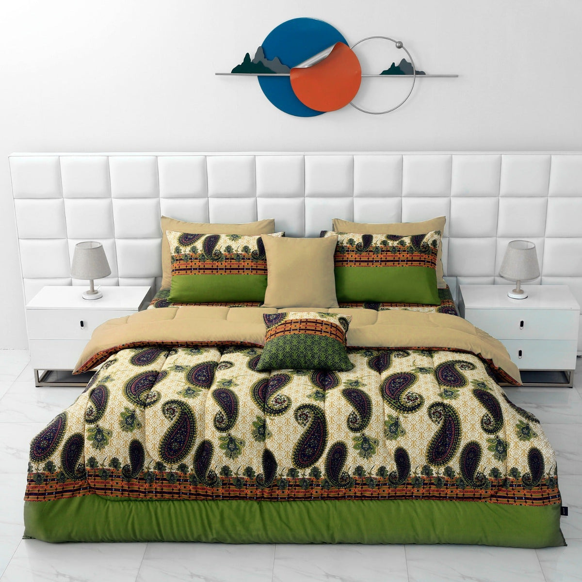 8 PCs Winter Razai Set-Green Paisley(With Beige Reverse) Comforters Apricot