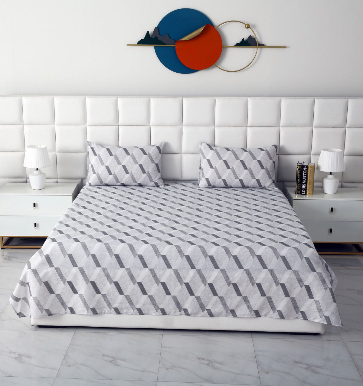 3 PCs Double Bed Sheet-Sliver Triangles Bed Sheets Apricot