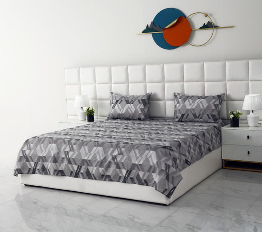 3 PCs Double Bed Sheet-Grey Triangles Bed Sheets Apricot