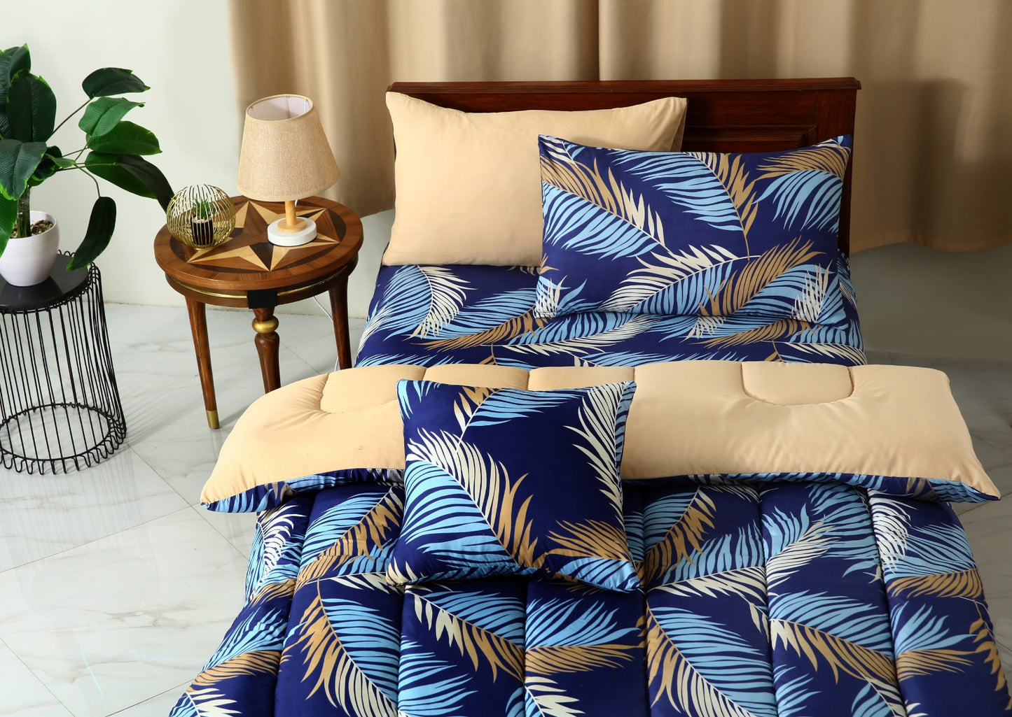 5 PCs Single Comforter Set-Blue Feathers Comforters Apricot