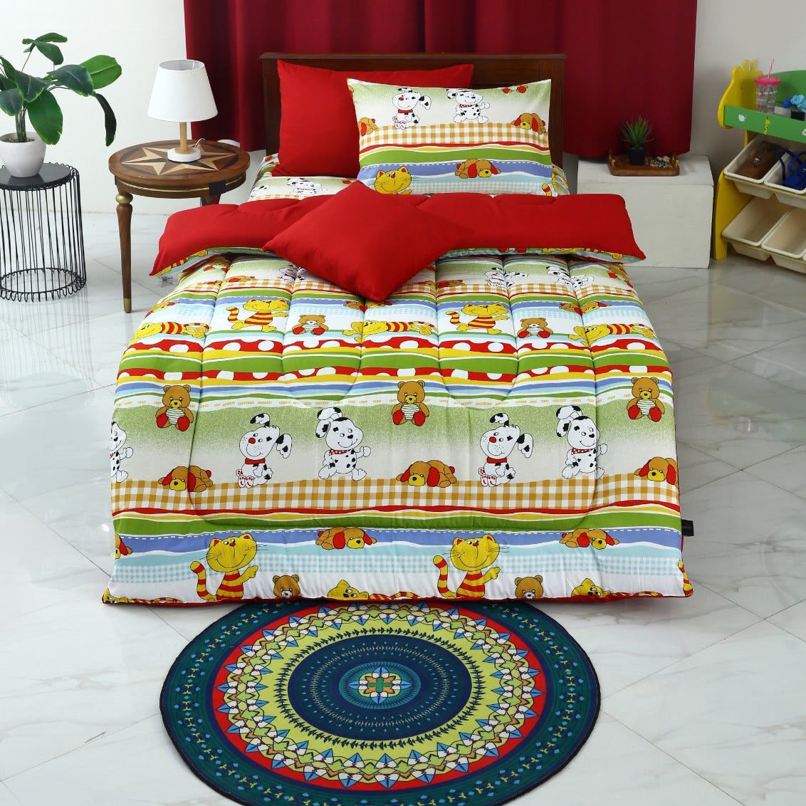 5 PCs Single Razai Set-Puppies Party(With Red Reverse) Comforters Apricot