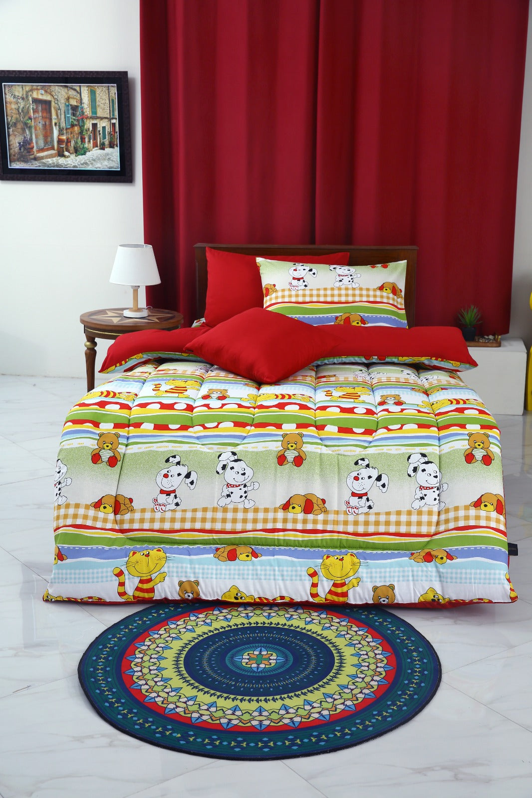 5 PCs Single Razai Set-Puppies Party(With Red Reverse) Comforters Apricot