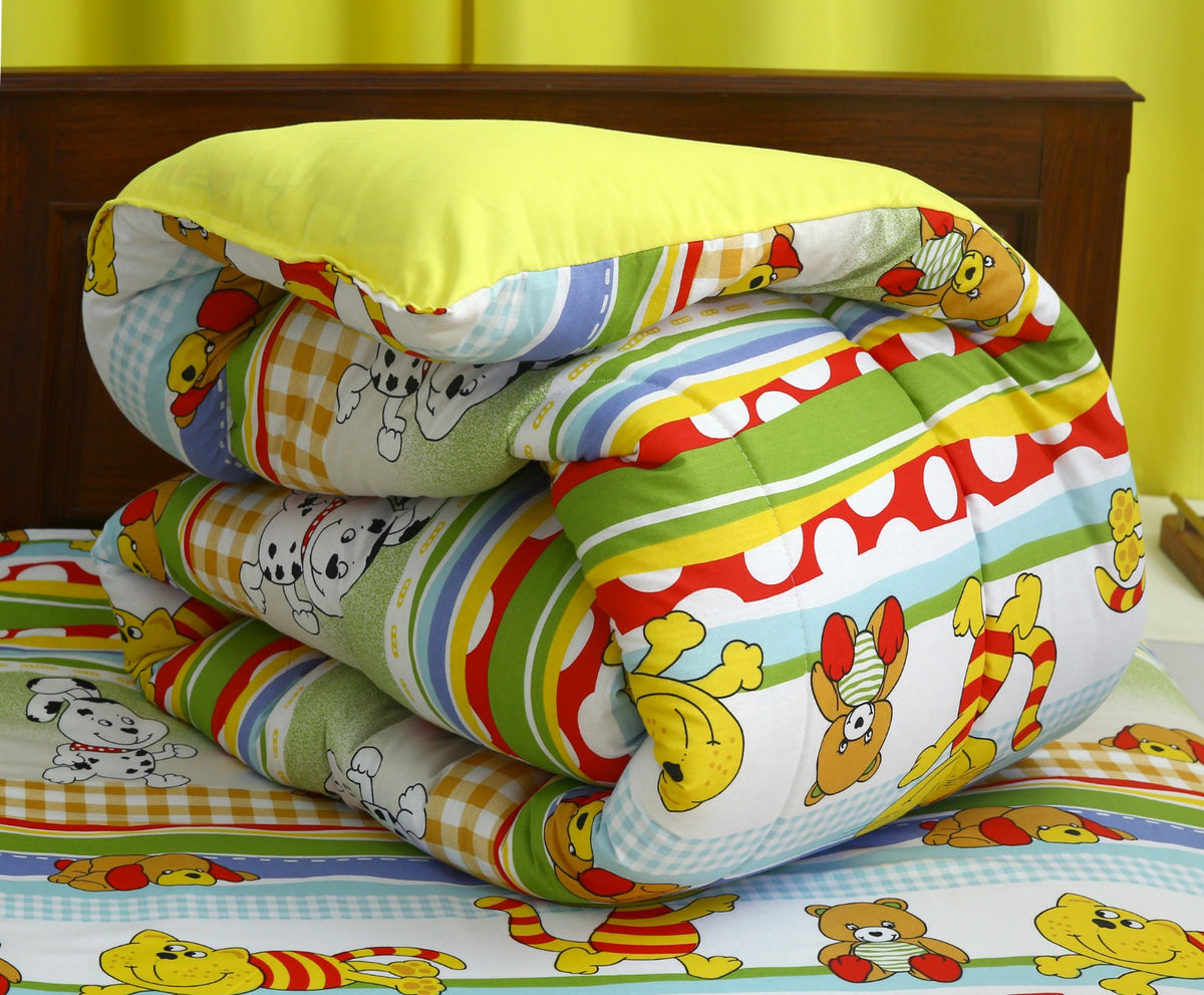 5 PCs Single Razai Set-Puppies Party(With Yellow Reverse) Comforters Apricot