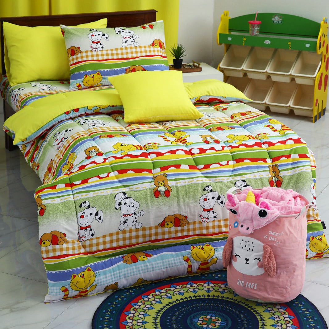 5 PCs Single Razai Set-Puppies Party(With Yellow Reverse) Comforters Apricot