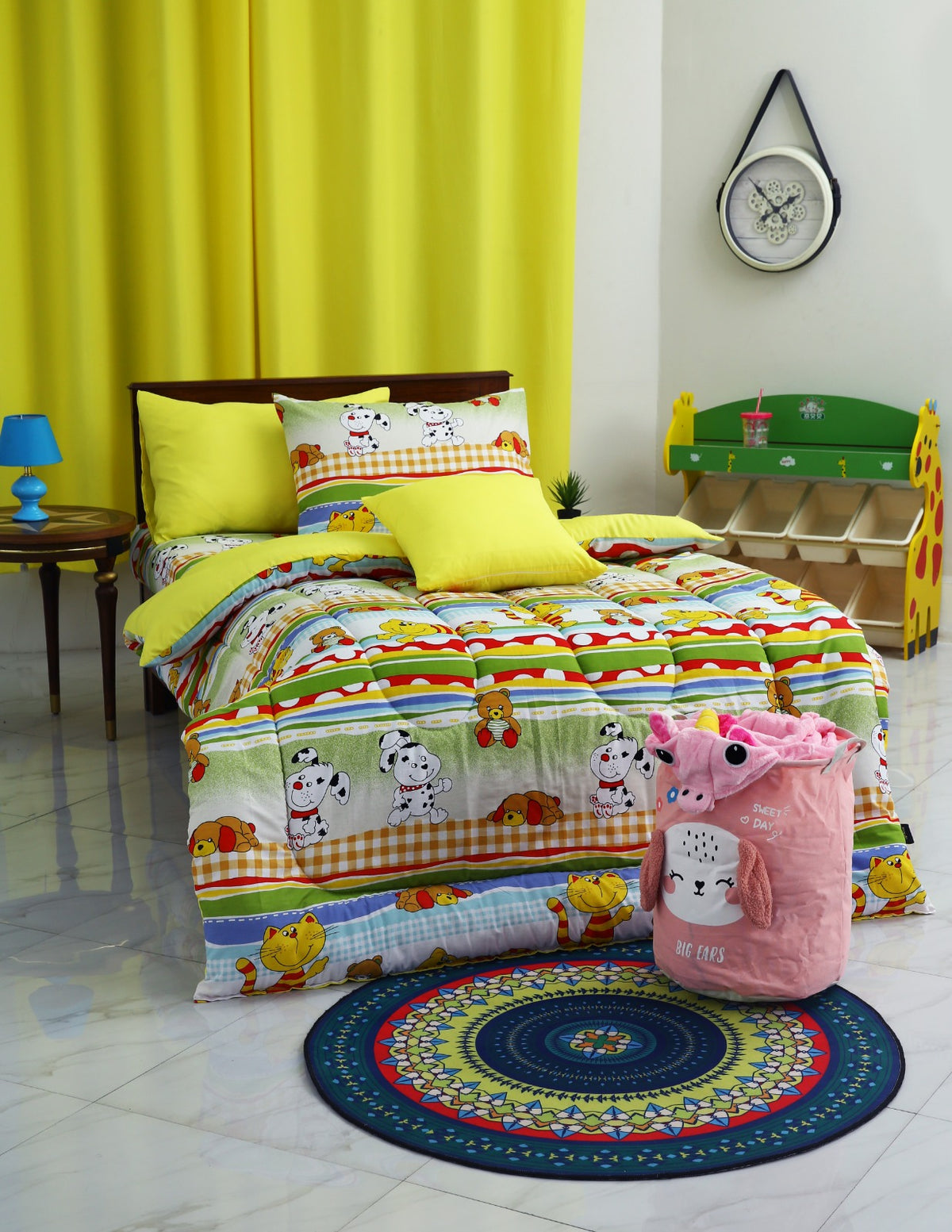 5 PCs Single Razai Set-Puppies Party(With Yellow Reverse) Comforters Apricot