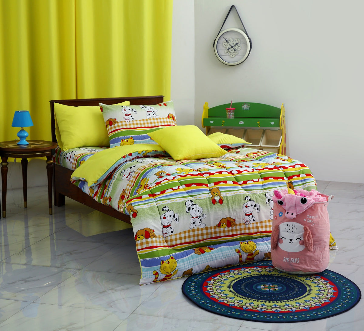 5 PCs Single Razai Set-Puppies Party(With Yellow Reverse) Comforters Apricot