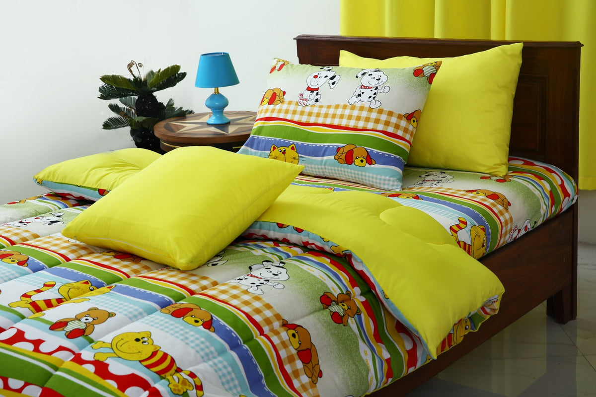 5 PCs Single Razai Set-Puppies Party(With Yellow Reverse) Comforters Apricot