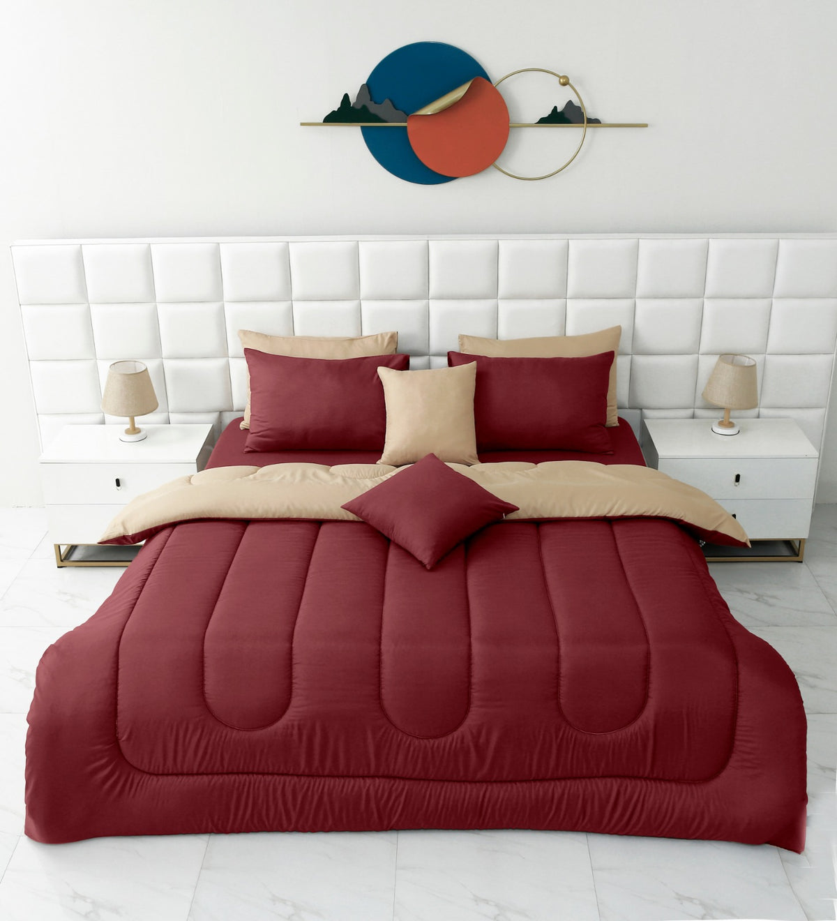 8 PCs Winter Razai Set-Maroon Over Beige Comforters Apricot