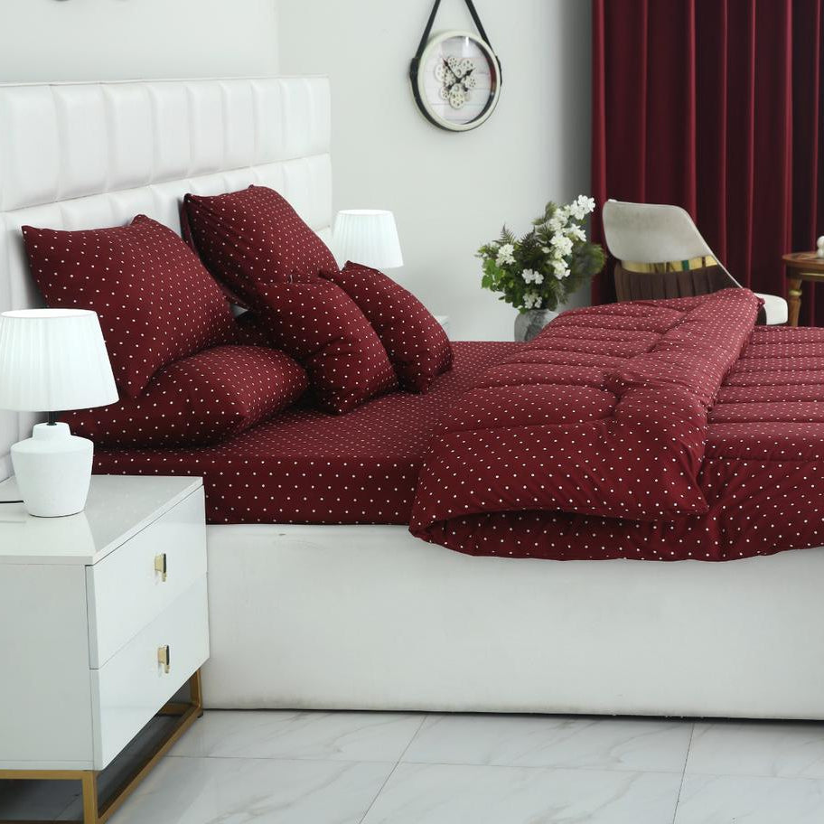 5 PCs Single Razai Set-Plum Polka Comforters Apricot